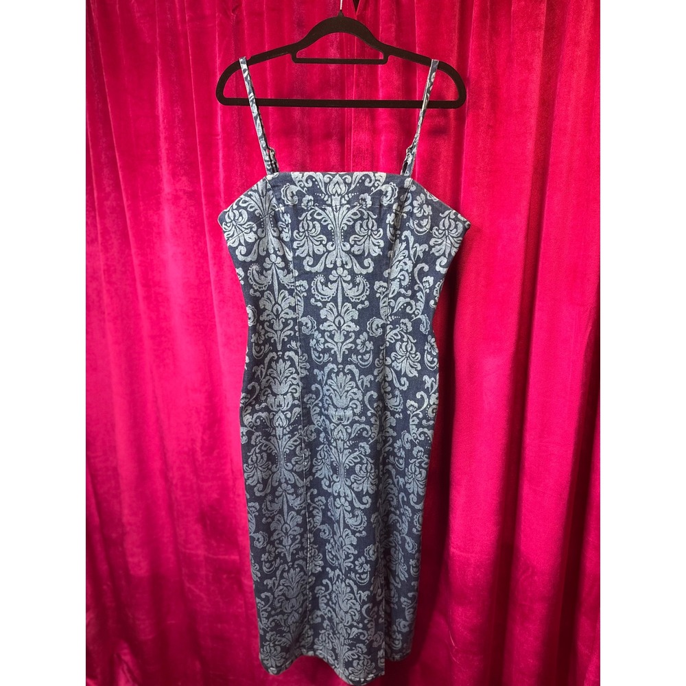 Versona Blue Damask Floral Denim Midi Dress Sheath Spaghetti Strap Womens Medium